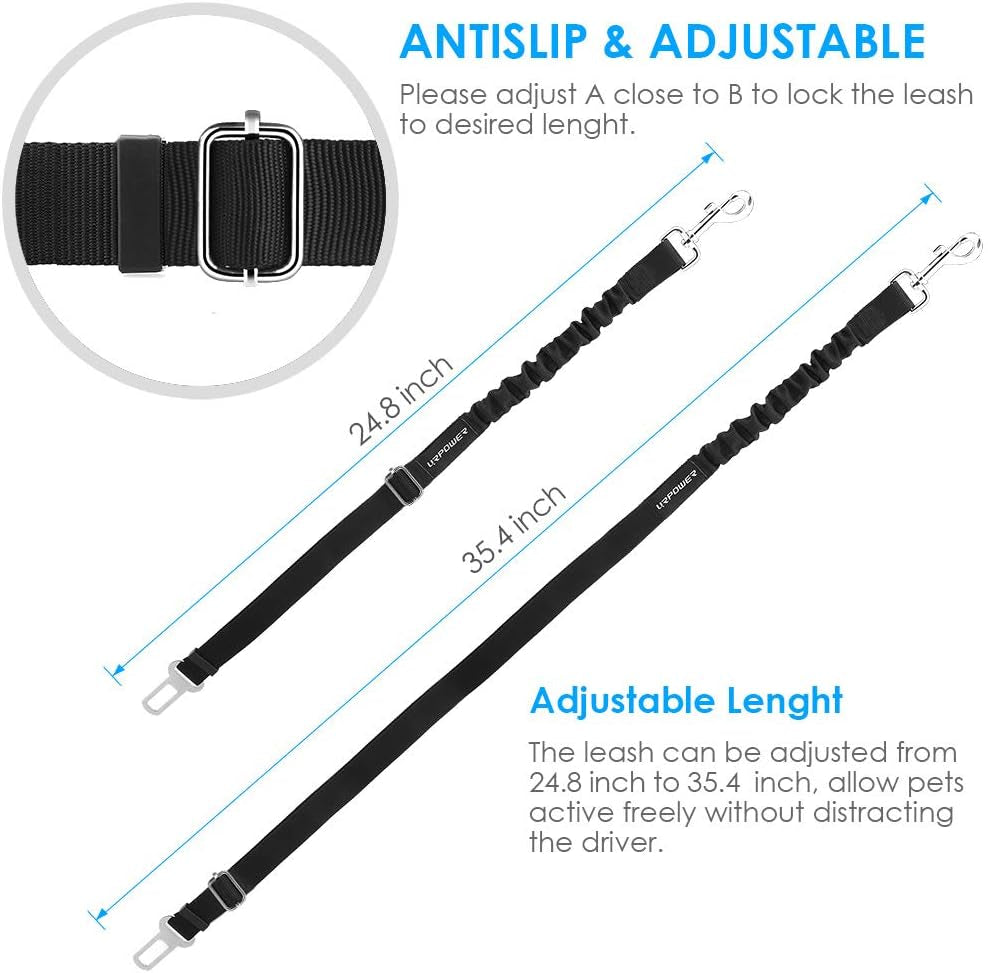 2-Pack Adjustable Dog Seat Belt with Retractable Harness and Elastic Bungee Buffer, Heavy-Duty 360-Degree Swivel Design for Pet Safety