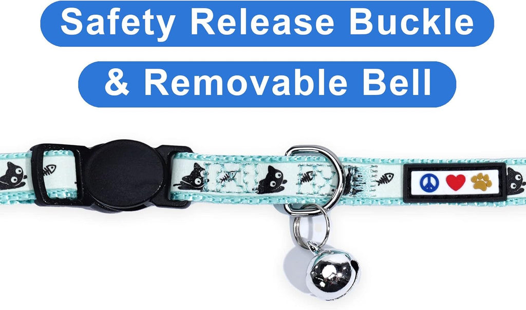 Premium Glow-in-the-Dark Cat & Dog Collar – Adjustable Reflective Design with Safety Breakaway Buckle and Bell, Teal