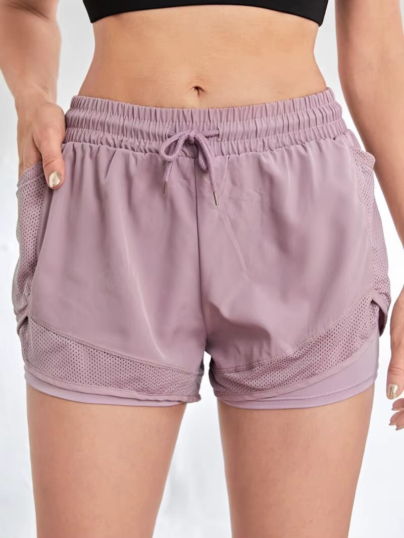 Women'S Elastic Sports Shorts, Shorts with Pockets, Fake Two-Piece Yoga Leggings Running and Training