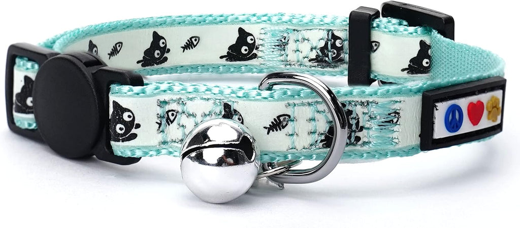 Premium Glow-in-the-Dark Cat & Dog Collar – Adjustable Reflective Design with Safety Breakaway Buckle and Bell, Teal