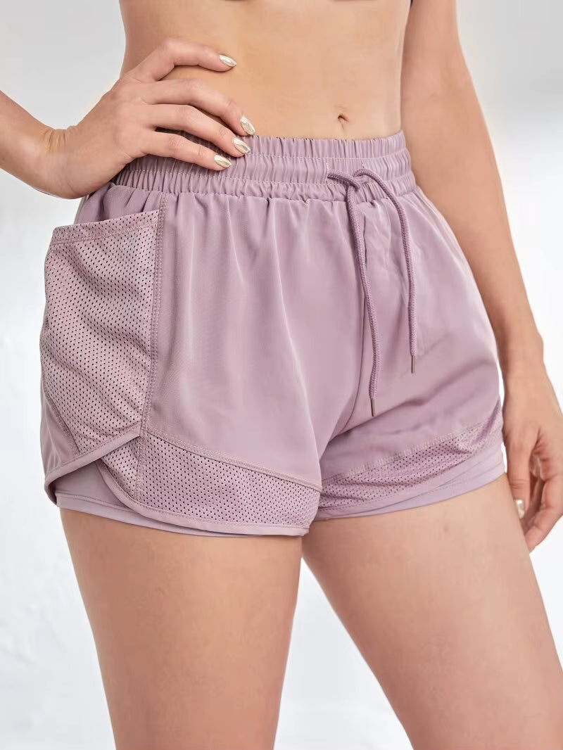 Women'S Elastic Sports Shorts, Shorts with Pockets, Fake Two-Piece Yoga Leggings Running and Training